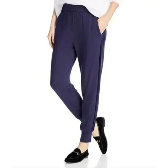 Eileen Fisher Jogger Track Pants Size Small Petite Blue Velvet Stripe Comfy - Picture 1 of 11